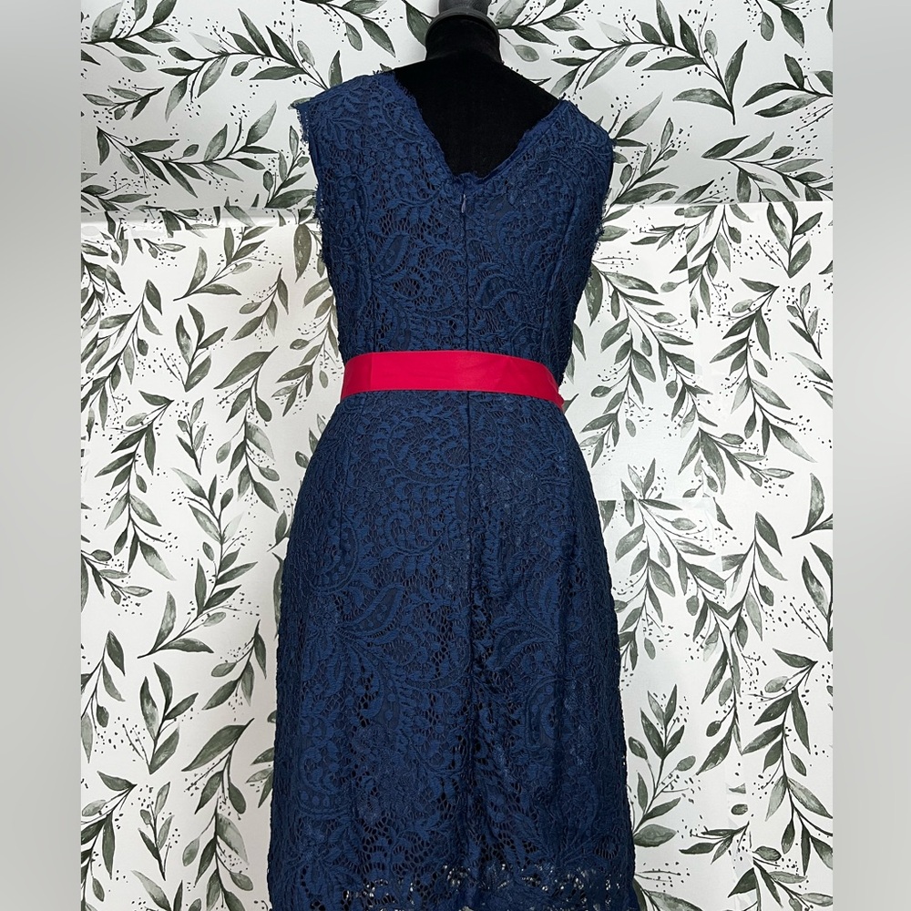 Retro Vintage Navy Blue Lace Sleeveless Dress Vibrant Red Satin Sash Size M #D - Picture 7 of 11
